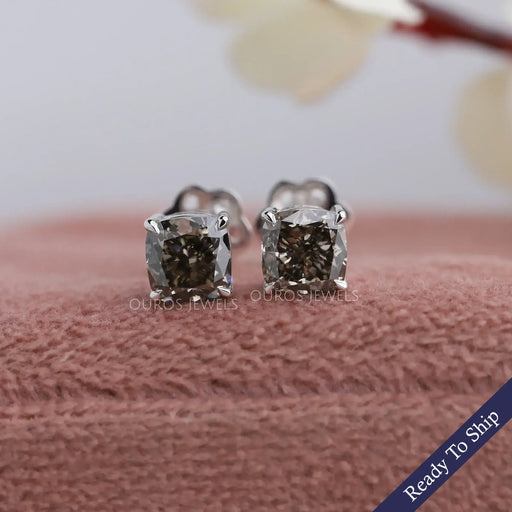 Olive Cushion Cut Solitaire Diamond Stud Earrings