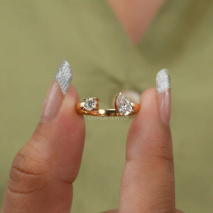 Pear And Round Cut Lab Diamond Open Cuff Ring