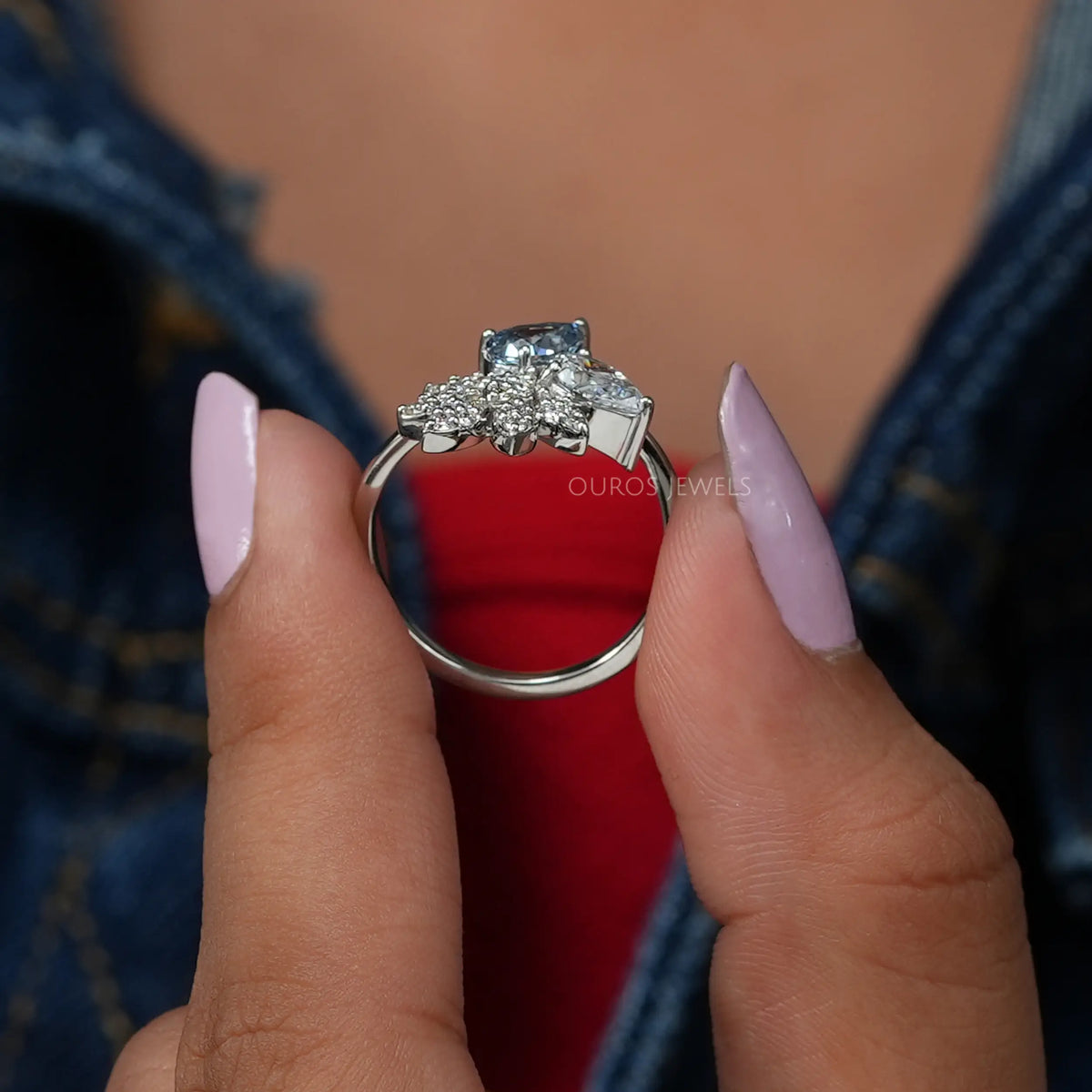 Flower Shape Blue Pear And Round Cut Cluster Diamond Ring Ring