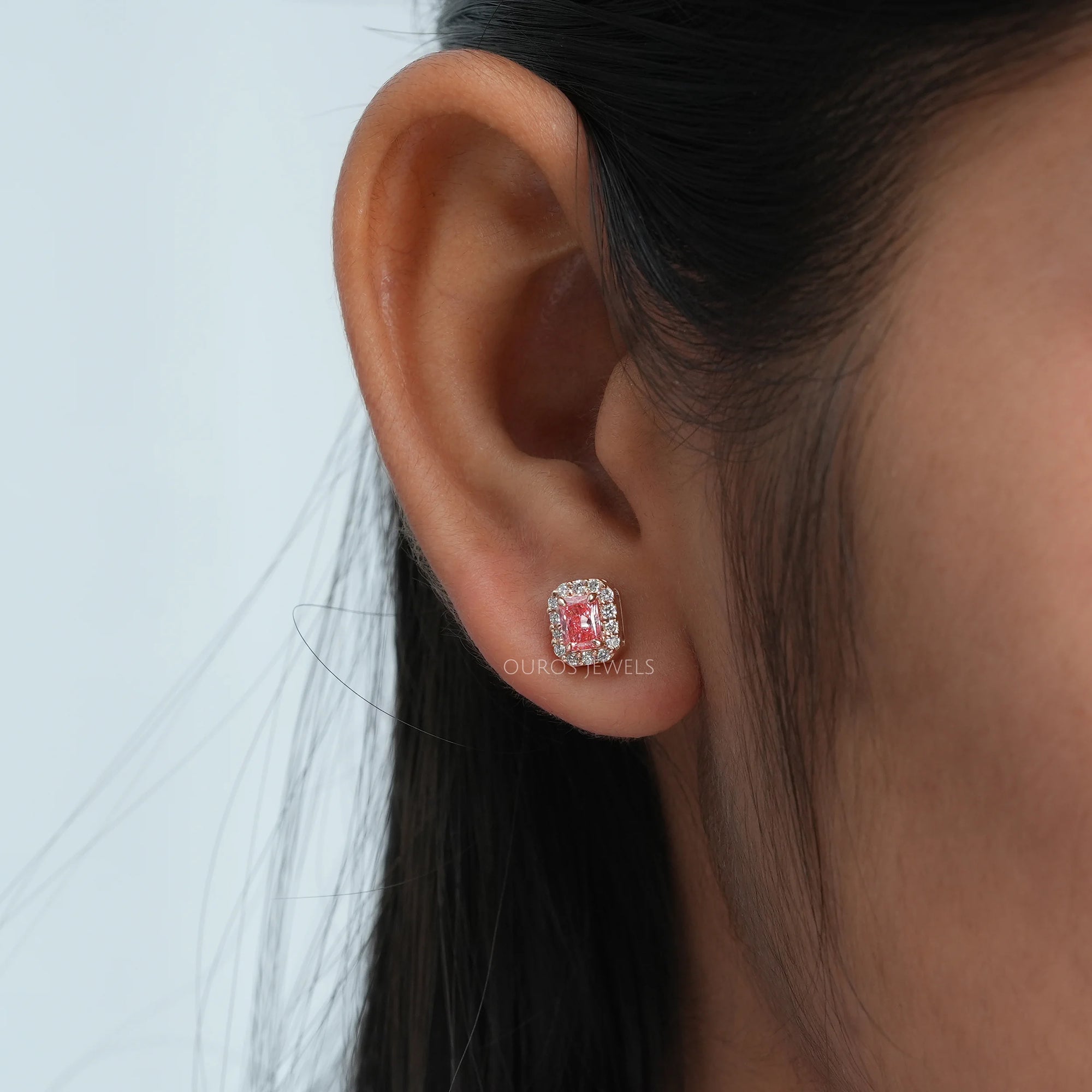 Pink Radiant Cut Halo Stud Earrings Earring