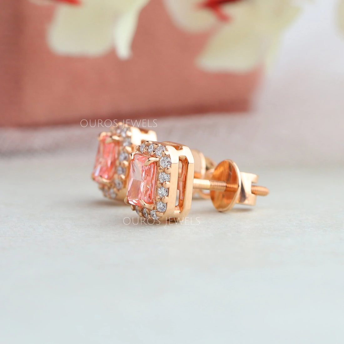 Pink Radiant Cut Halo Stud Earrings Earring
