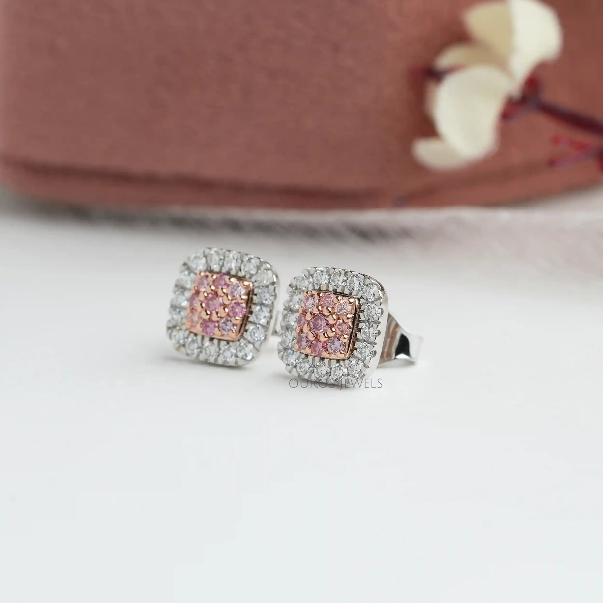 Pink Round Cut Lab Grown Diamond Halo Stud Earrings Earrings