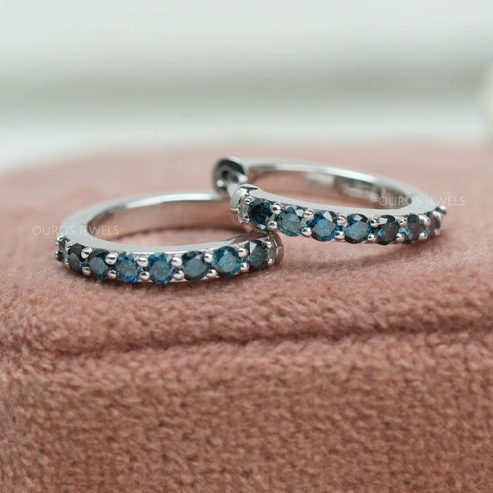 Fancy Round Cut Lab Grown Diamond Hoop Huggie Earrings Blue Earring