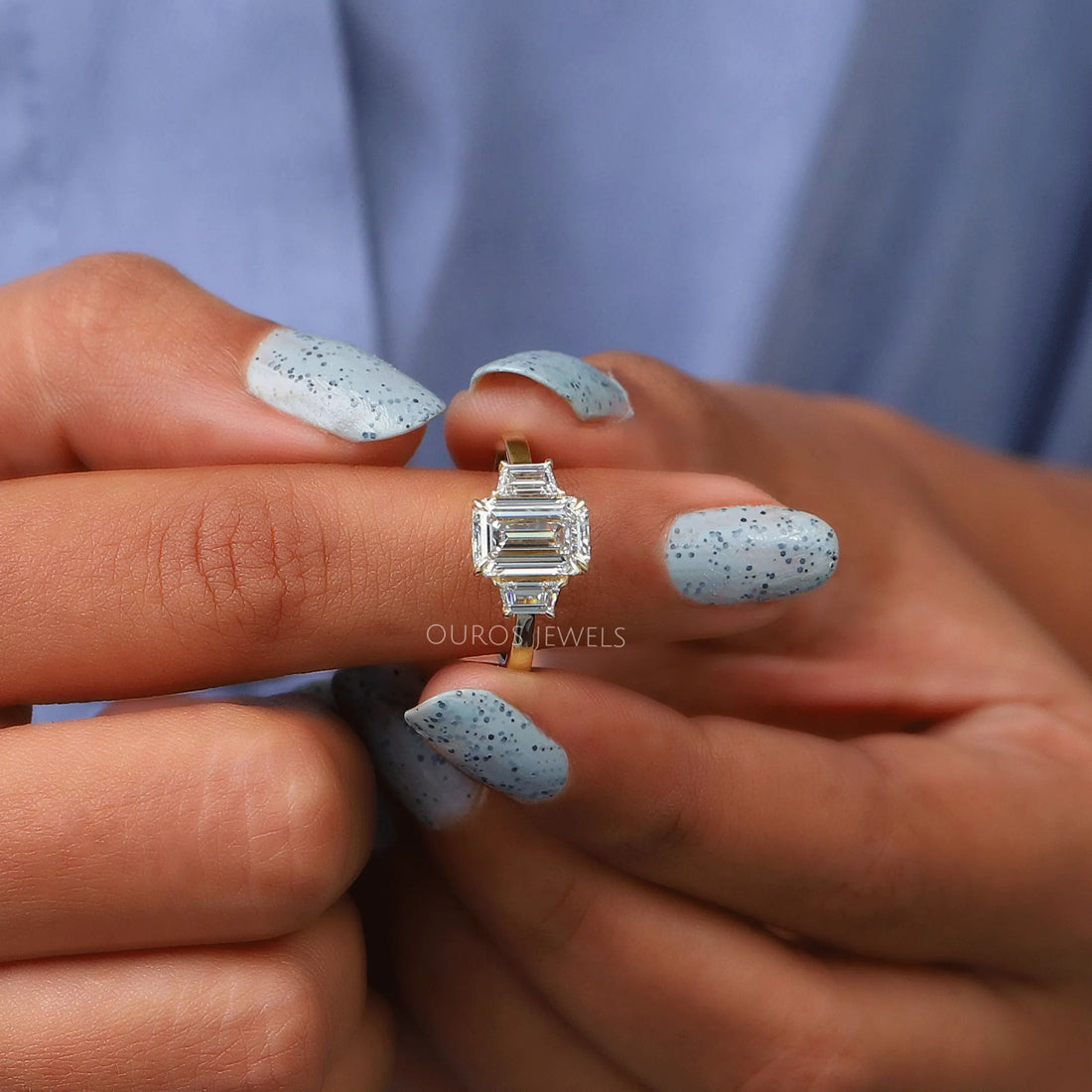 3 Stone Emerald Cut Lab Diamond Engagement Ring Ring