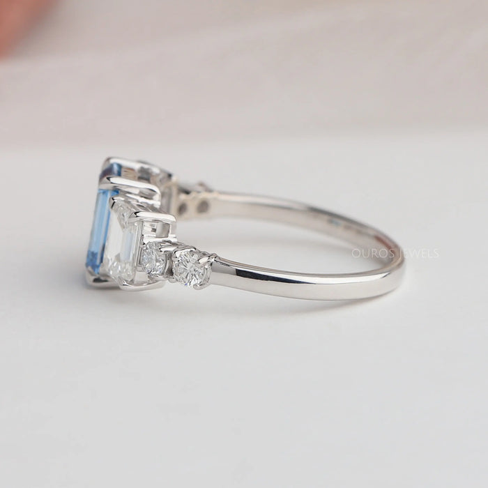Blue Emerald Cut Lab Diamond Engagement Ring