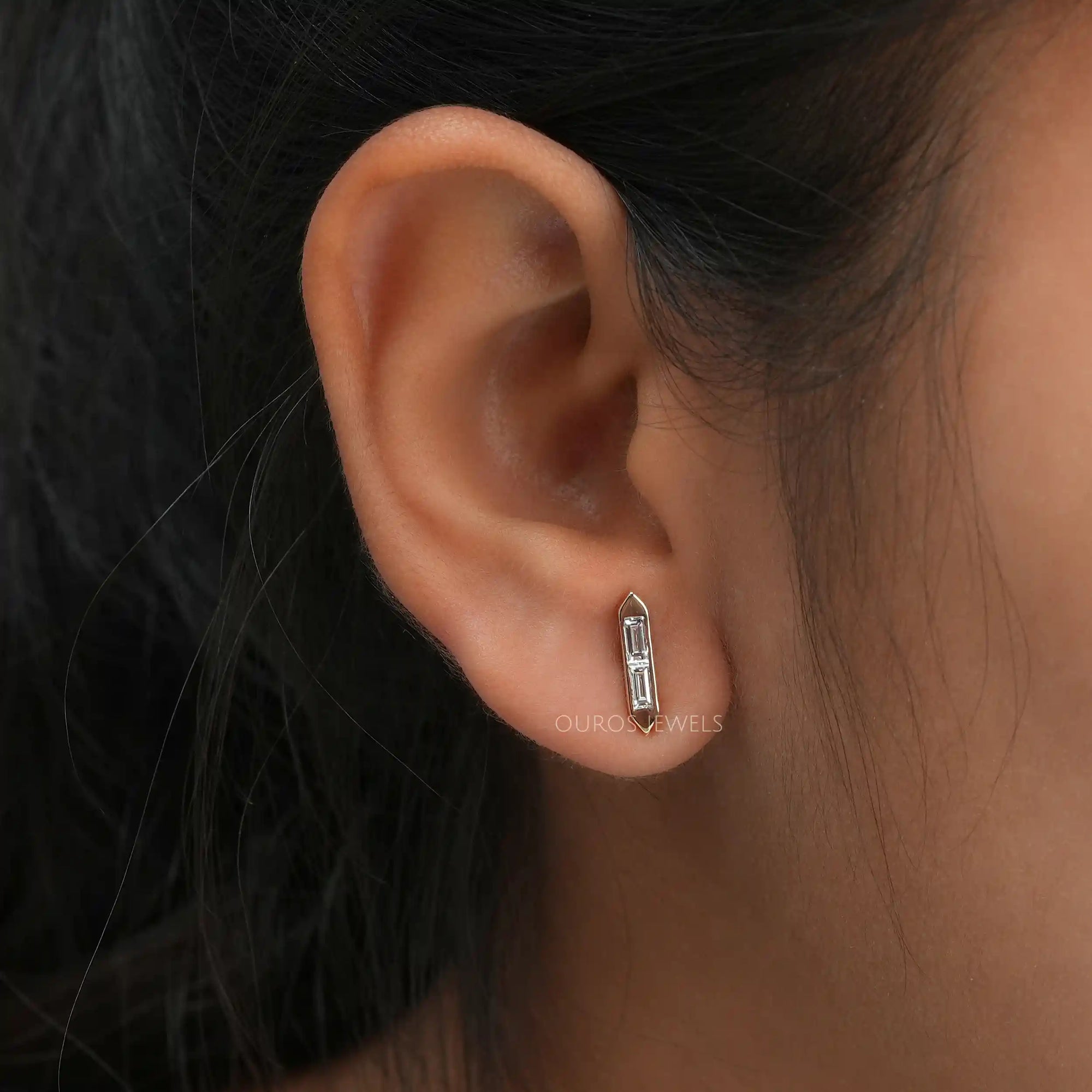 Baguette Cut Lab Grown Diamond Bar Stud Earrings Earrings