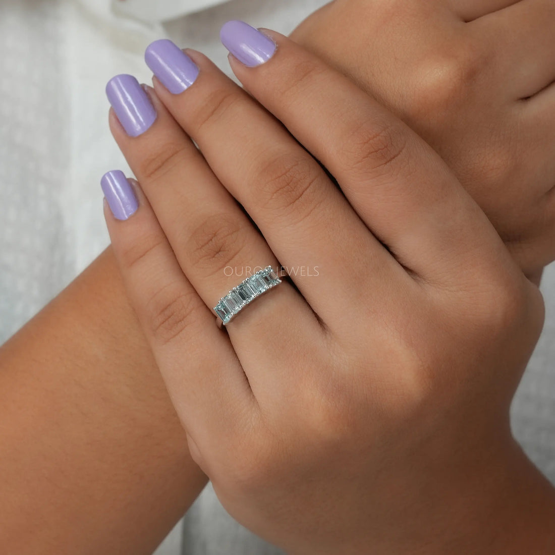 Five Stone Light Blue Emerald Cut Wedding Ring