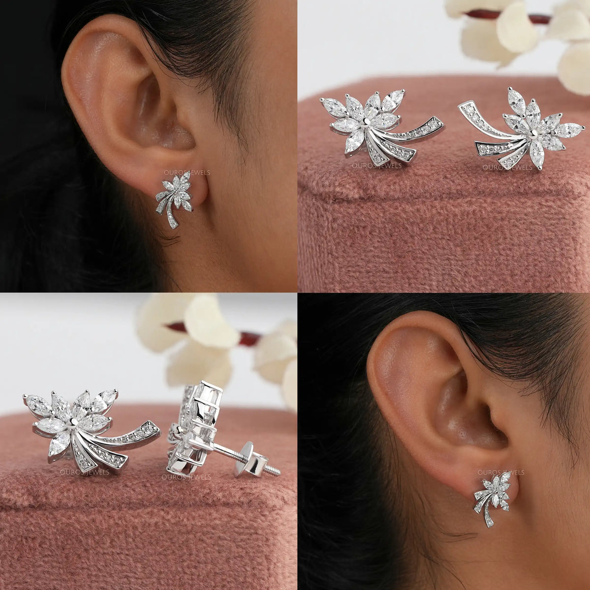 White Gold Marquise-Cut Cluster Diamond Earrings