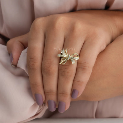Round Diamond Cluster Ribbon Knot Bow Party Wear Ring