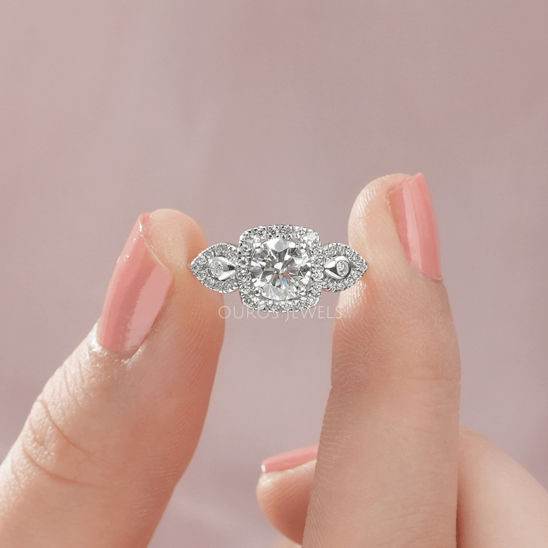 Three Stone Halo Diamond Engagement Ring