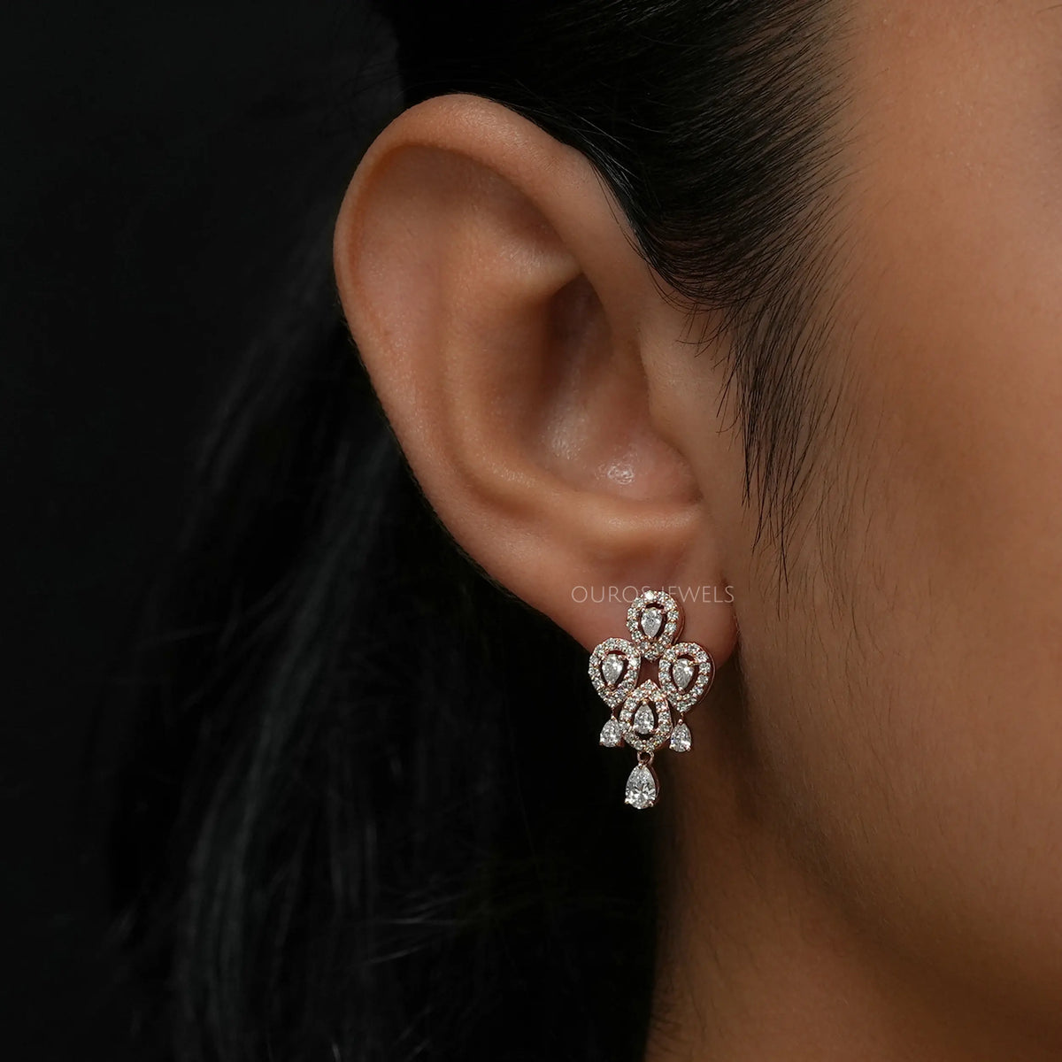 Flower Shape Pear Diamond Halo Earrings