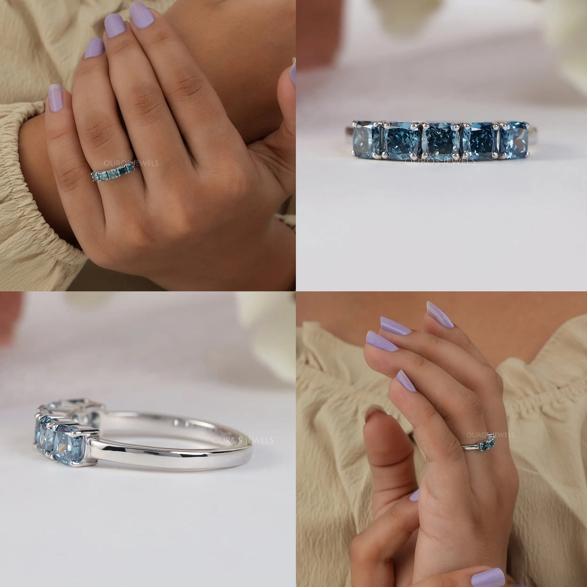 5 Stone Blue Cushion Diamond Ring