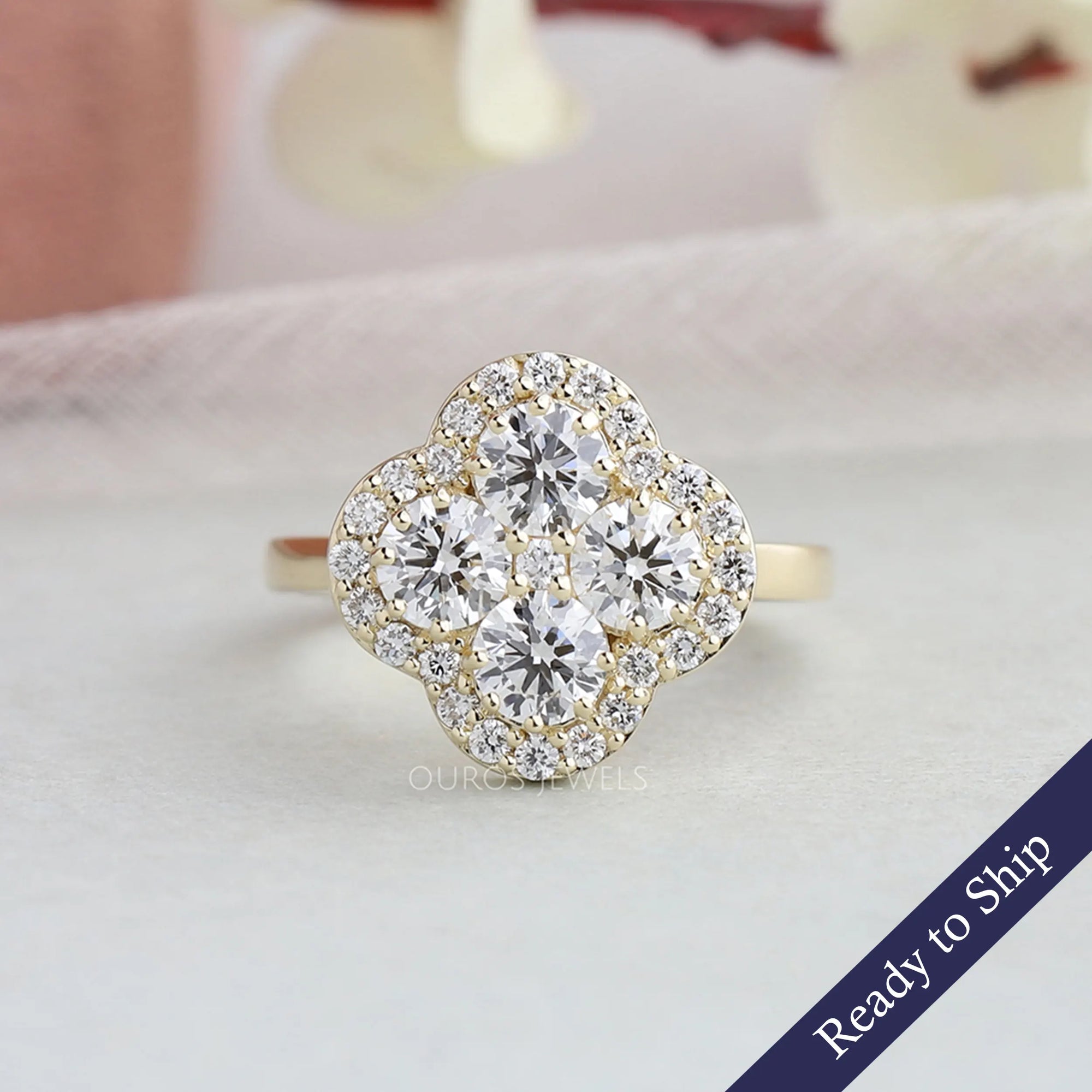Floral Shape Round Diamond Halo Engagement Ring