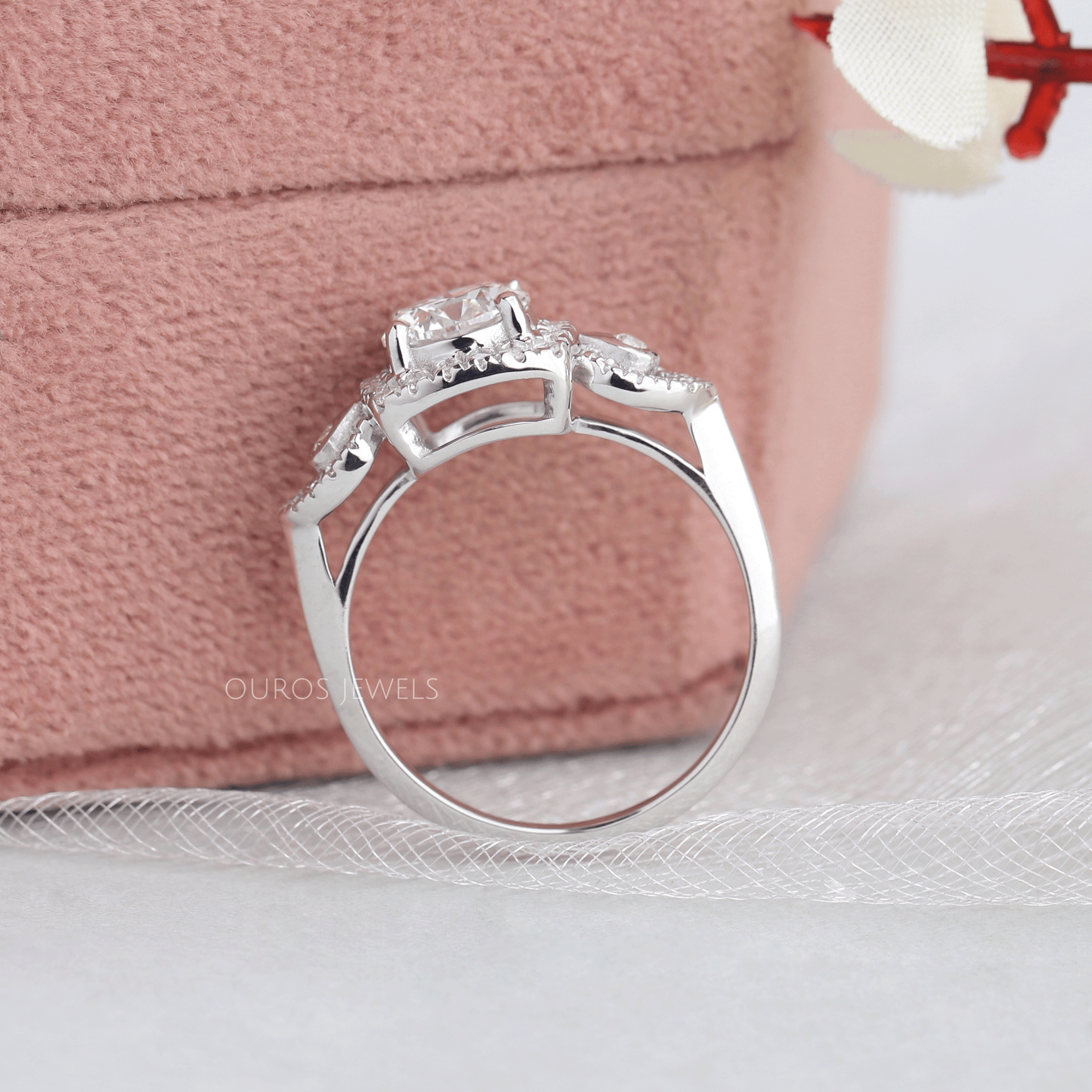 Three Stone Halo Diamond Engagement Ring