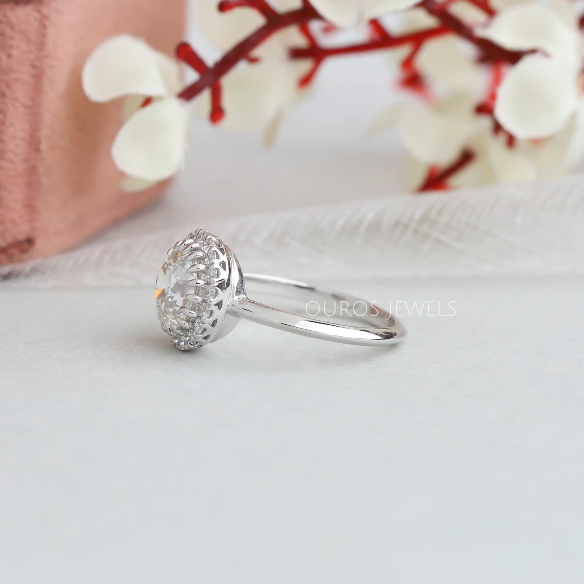 Old European Round Cut Halo Diamond Solitaire Ring