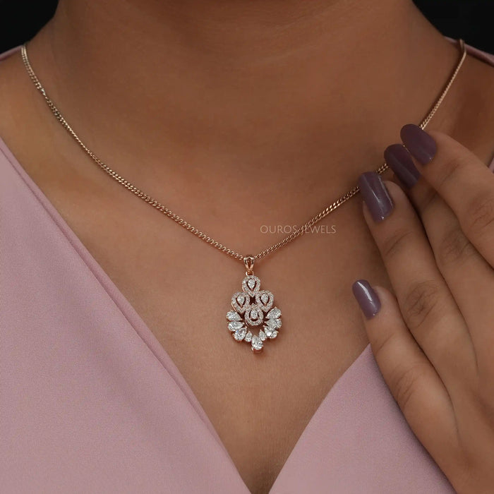 Flower Style Pear Cut Diamond Halo Pendant