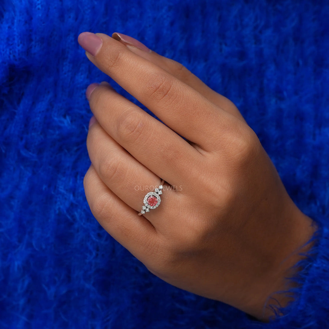 Pink Cushion Cut Halo Diamond Engagement Ring
