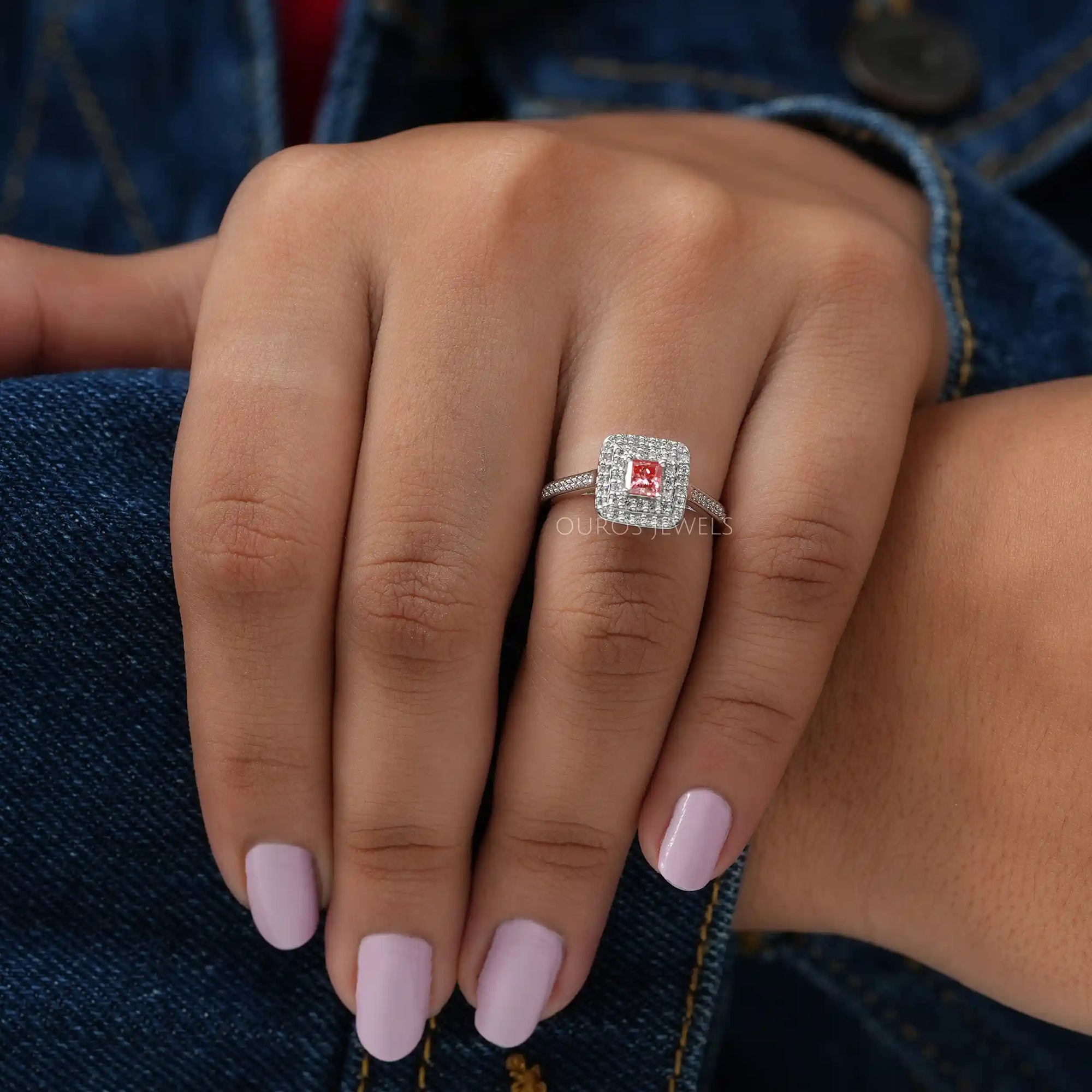 Pink Princess Cut Double Halo Engagement Ring