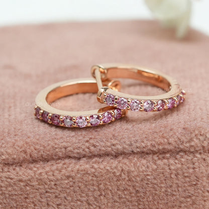 Fancy Round Cut Lab Grown Diamond Hoop Huggie Earrings Pink Earring