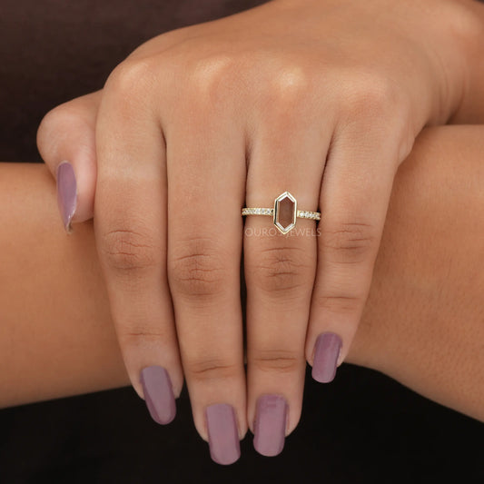 Hexagon Long Portrait Cut Diamond Solitaire Accent Ring
