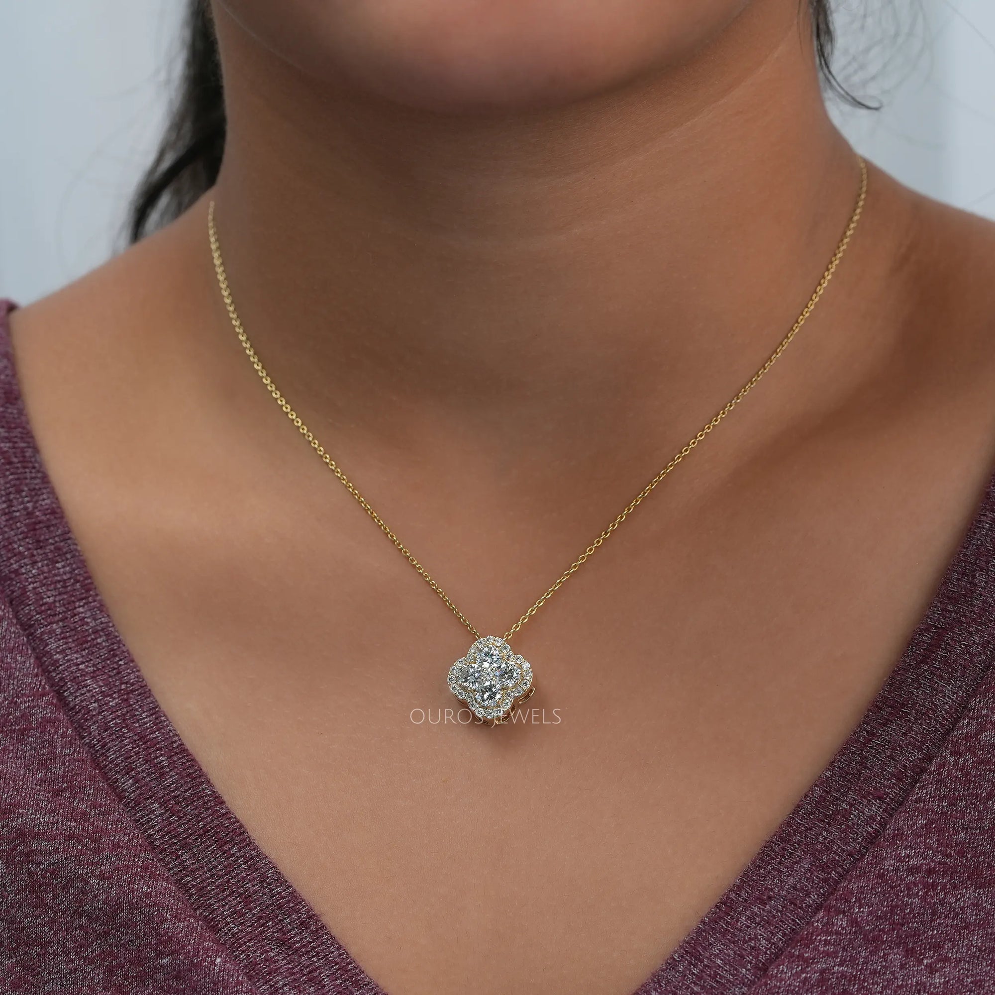 Flower Shape Round Cut Diamond Halo Pendant Necklaces