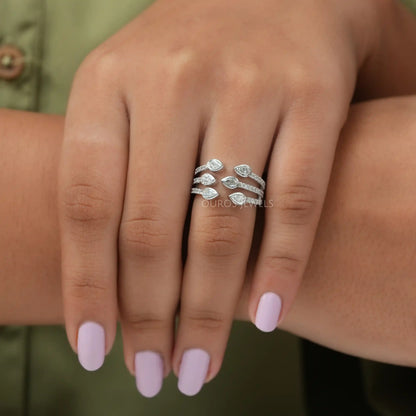 Three Row Pear Diamond Open Cuff Dainty Ring