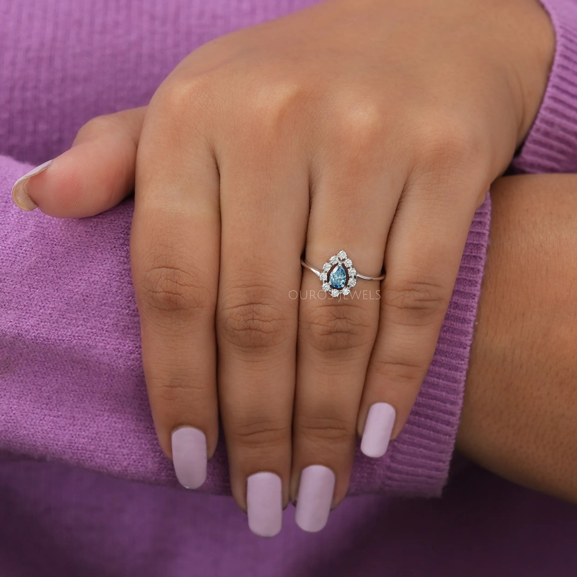 Blue Pear Cut Halo Diamond Ring