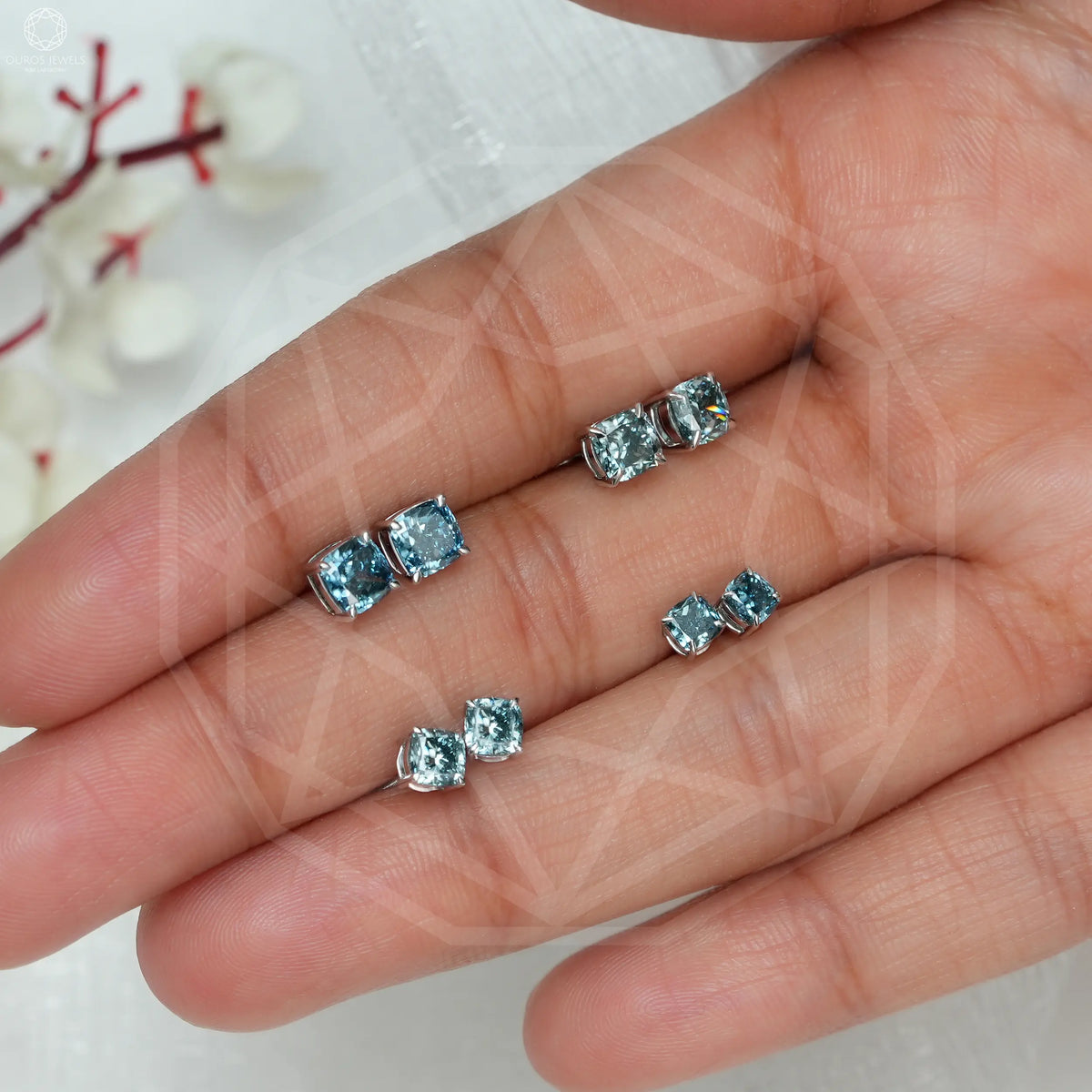 Blue Cushion Lab Grown Diamond Stud Earrings