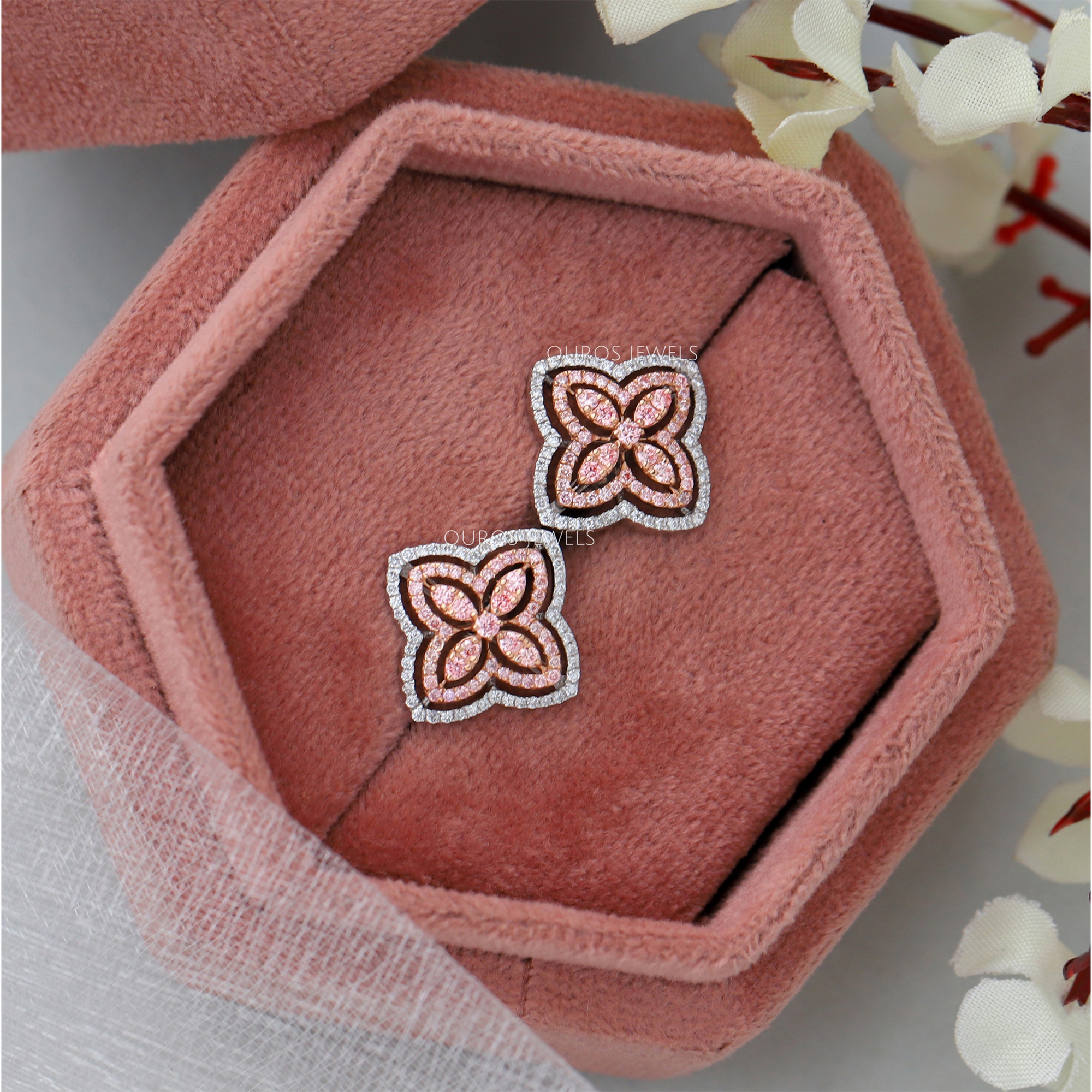 Pink Floral Round Cut Diamond Stud Earrings Earring