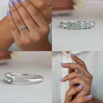 Green Princess Cut Five Stone Wedding Ring
