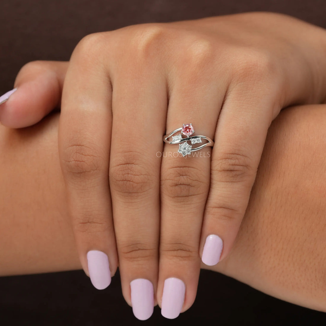 Pink Round Cut Lab Diamond Bypass Set Dainty Ring