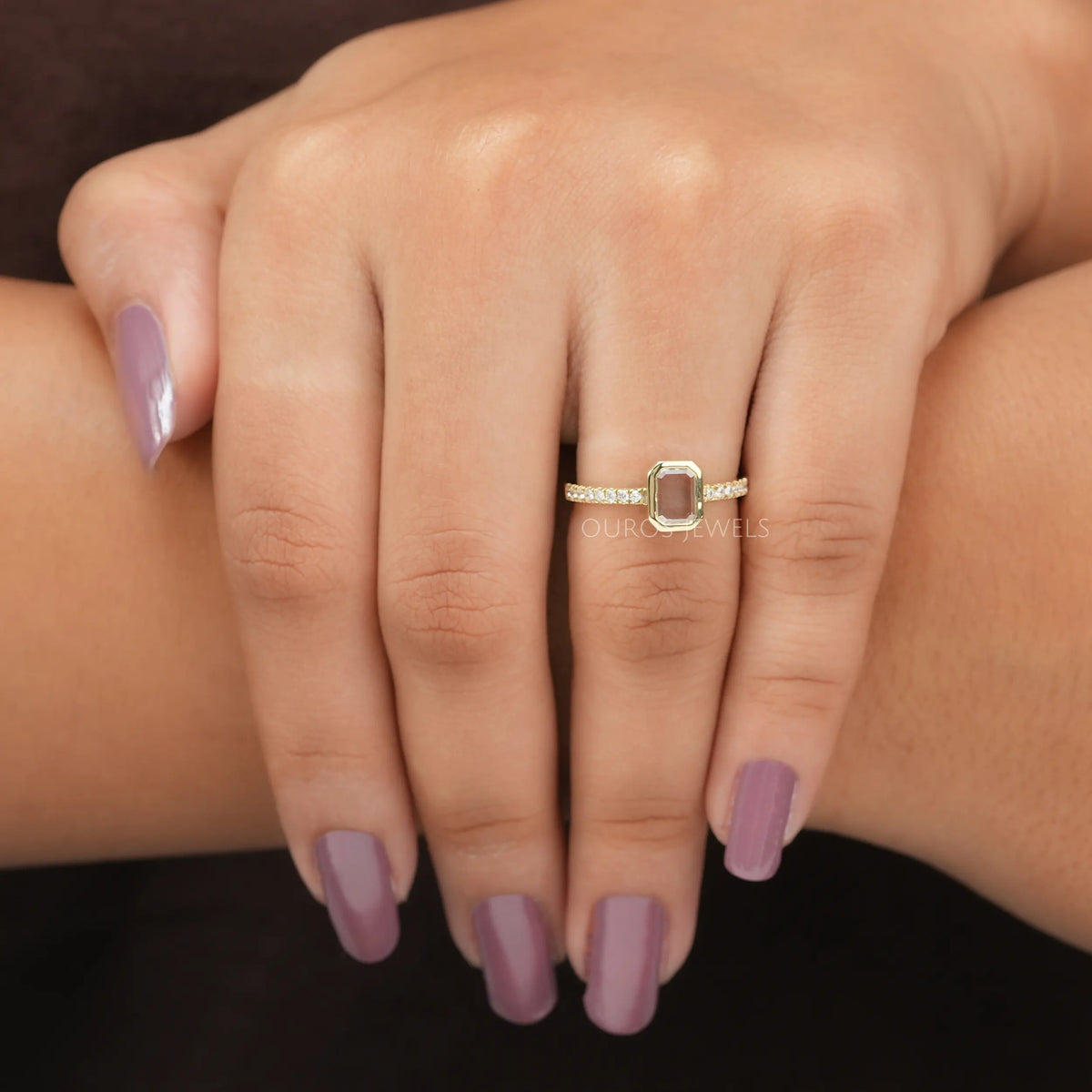 Portrait Cut Emerald Diamond Solitaire Accent Ring