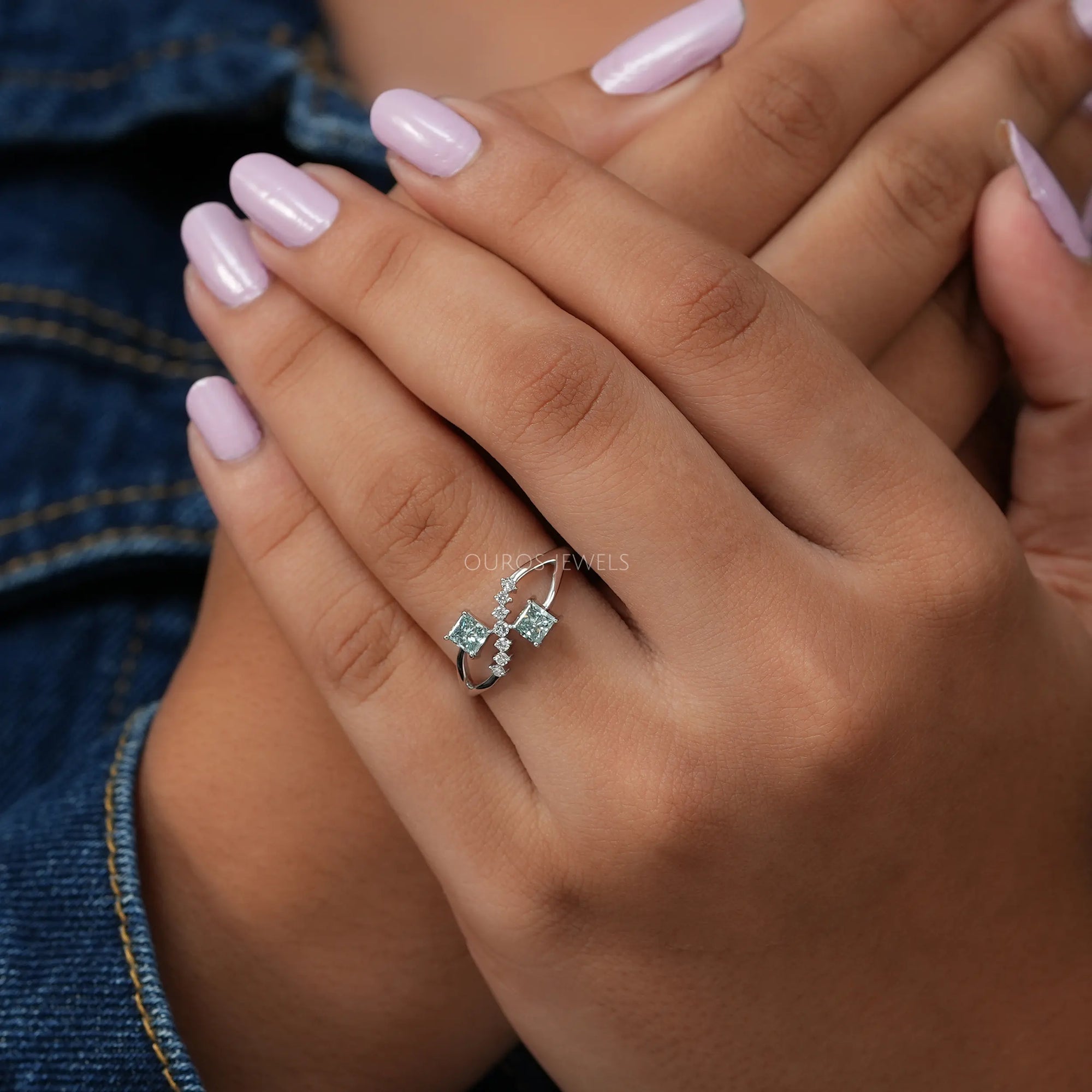Green Princess Shape Lab Diamond Dainty Ring