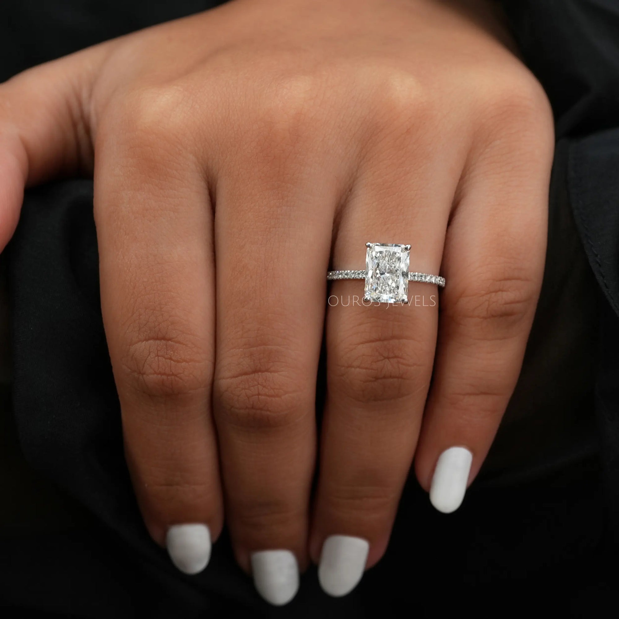 Radiant Cut Hidden Halo Solitaire Accent Engagement Ring