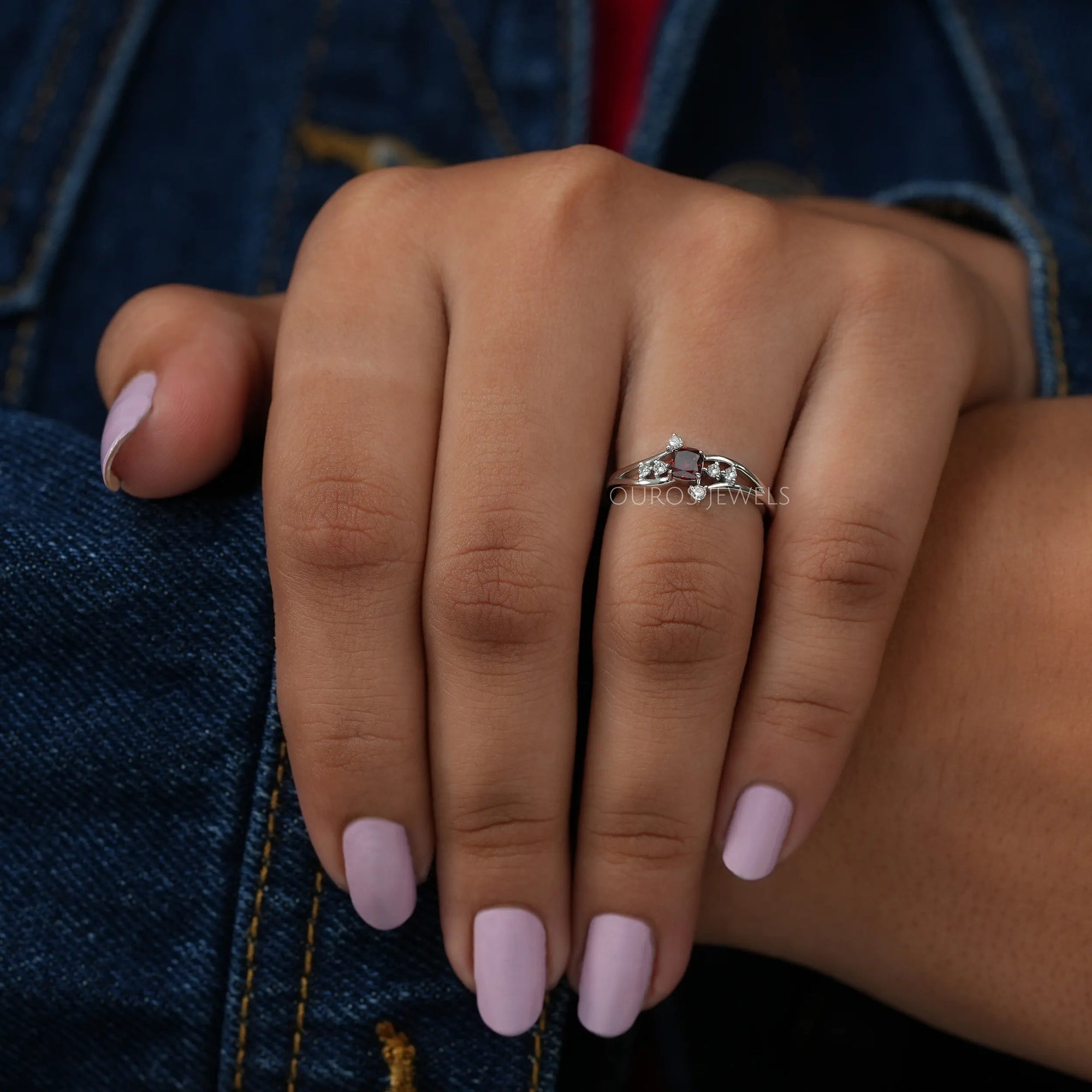 Red Cushion Cut Cluster Diamond Ring
