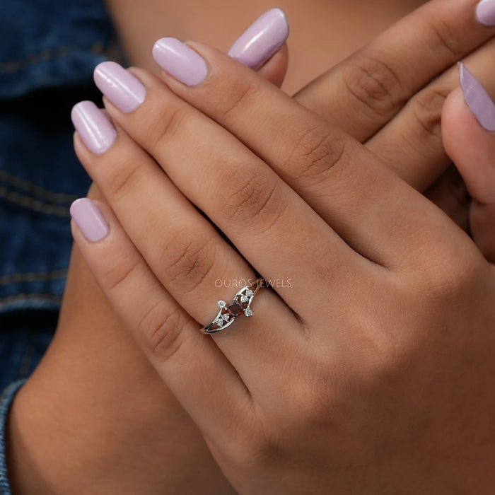 Red Cushion Cut Cluster Diamond Ring