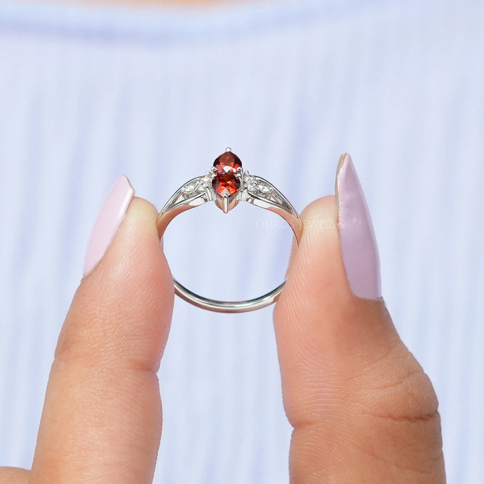 Two Stone Red Pear Diamond Dainty Ring