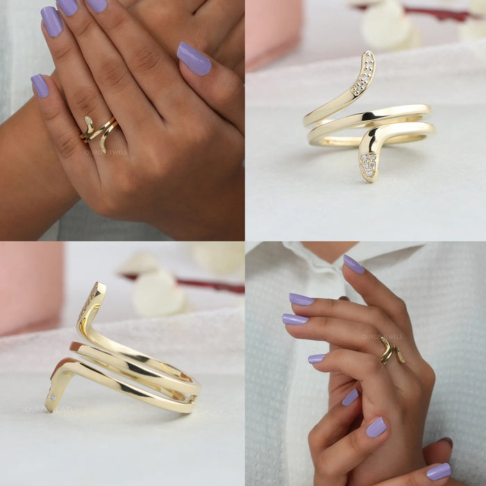 Snake Shape Gold Round Diamond Ring Rings