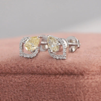 Yellow Pear Cut Halo Stud Earrings